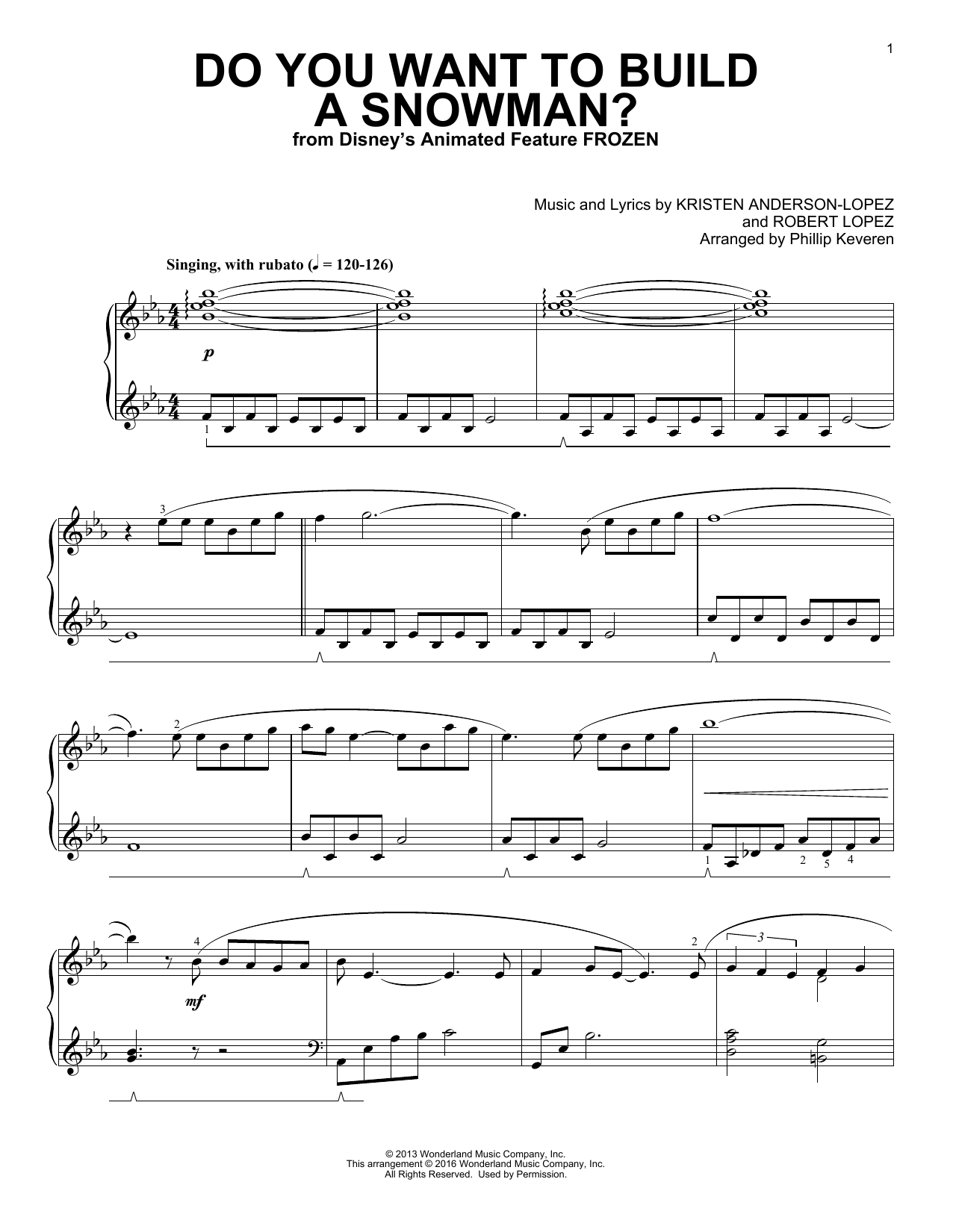 Kristen Bell, Agatha Lee Monn & Katie Lopez Do You Want To Build A Snowman? (from Frozen) (arr. Phillip Keveren) sheet music notes and chords arranged for Piano Solo