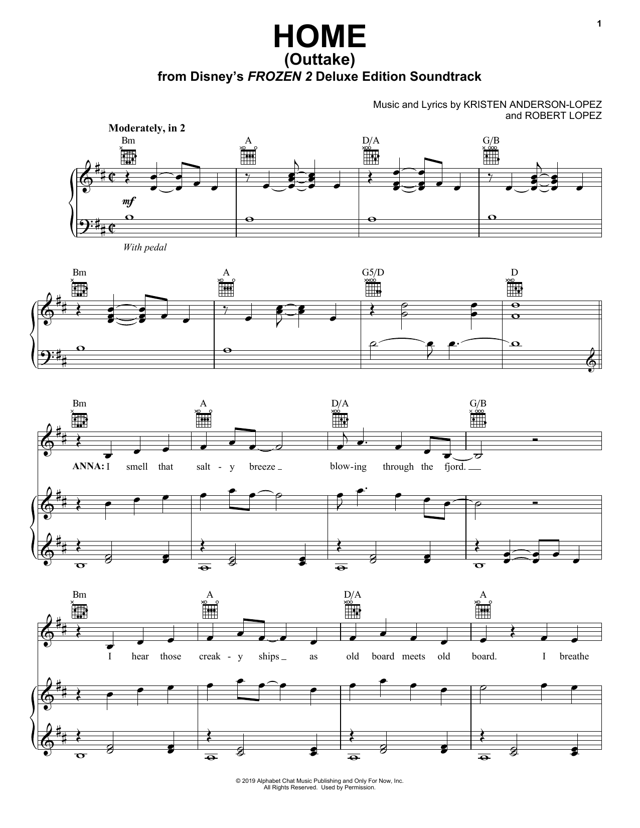 Kristen Bell Home - Outtake (from Disney's Frozen 2) sheet music notes and chords arranged for Piano, Vocal & Guitar Chords (Right-Hand Melody)