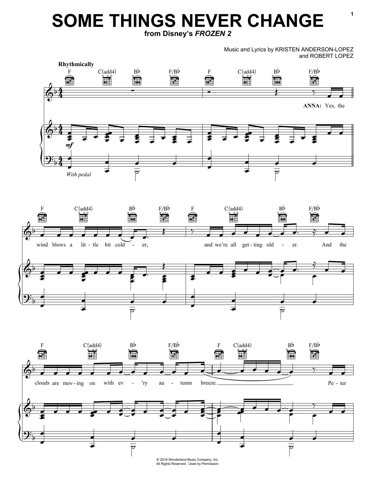 Kristen Bell, Idina Menzel and Cast of Frozen 2 Some Things Never Change (from Disney's Frozen 2) sheet music notes and chords arranged for Really Easy Piano