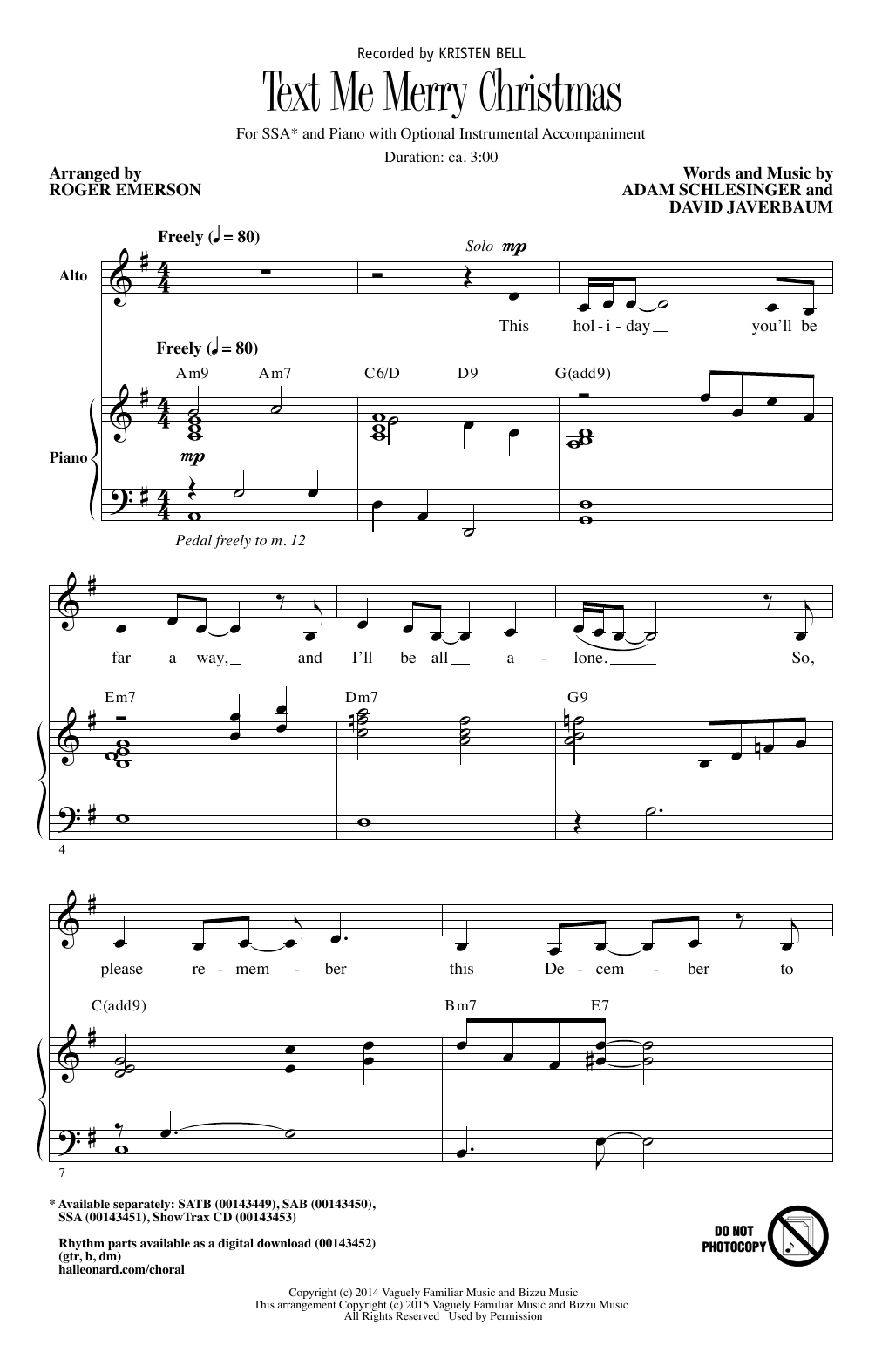 Kristen Bell Text Me Merry Christmas (arr. Roger Emerson) sheet music notes and chords arranged for SAB Choir