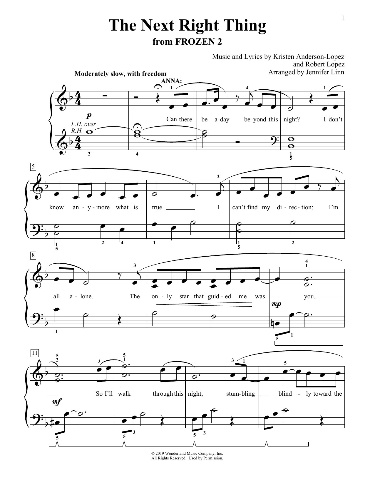 Kristen Bell The Next Right Thing (from Disney's Frozen 2) (arr. Jennifer Linn) sheet music notes and chords arranged for Educational Piano