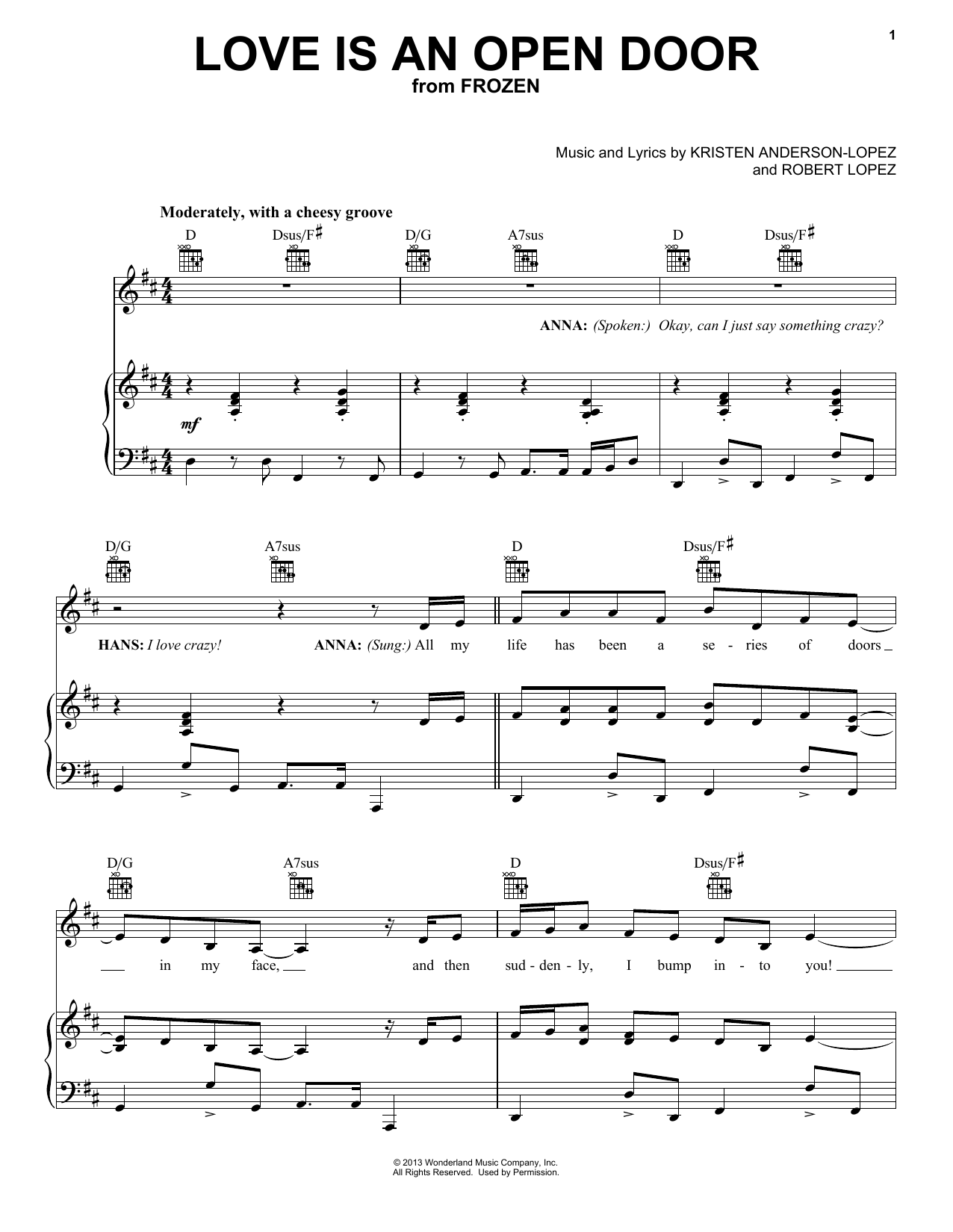 Kristen Bell & Santino Fontana Love Is An Open Door (from Frozen) sheet music notes and chords arranged for Piano Solo