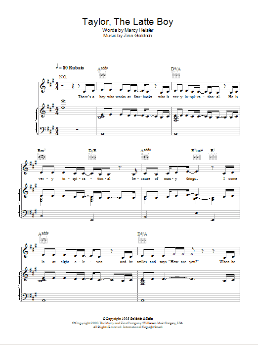 Kristin Chenoweth Taylor, The Latte Boy sheet music notes and chords arranged for Piano, Vocal & Guitar Chords (Right-Hand Melody)
