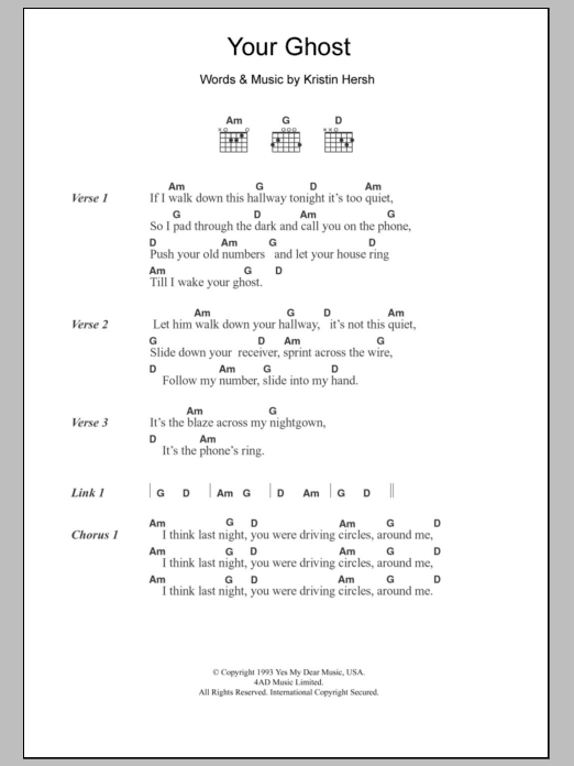 Kristin Hersh Your Ghost sheet music notes and chords arranged for Guitar Chords/Lyrics
