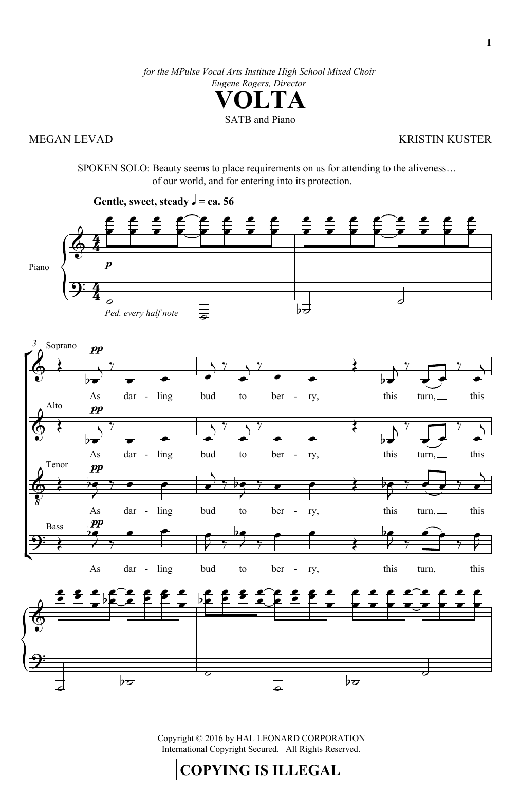 Kristin Kuster Volta sheet music notes and chords arranged for SATB Choir