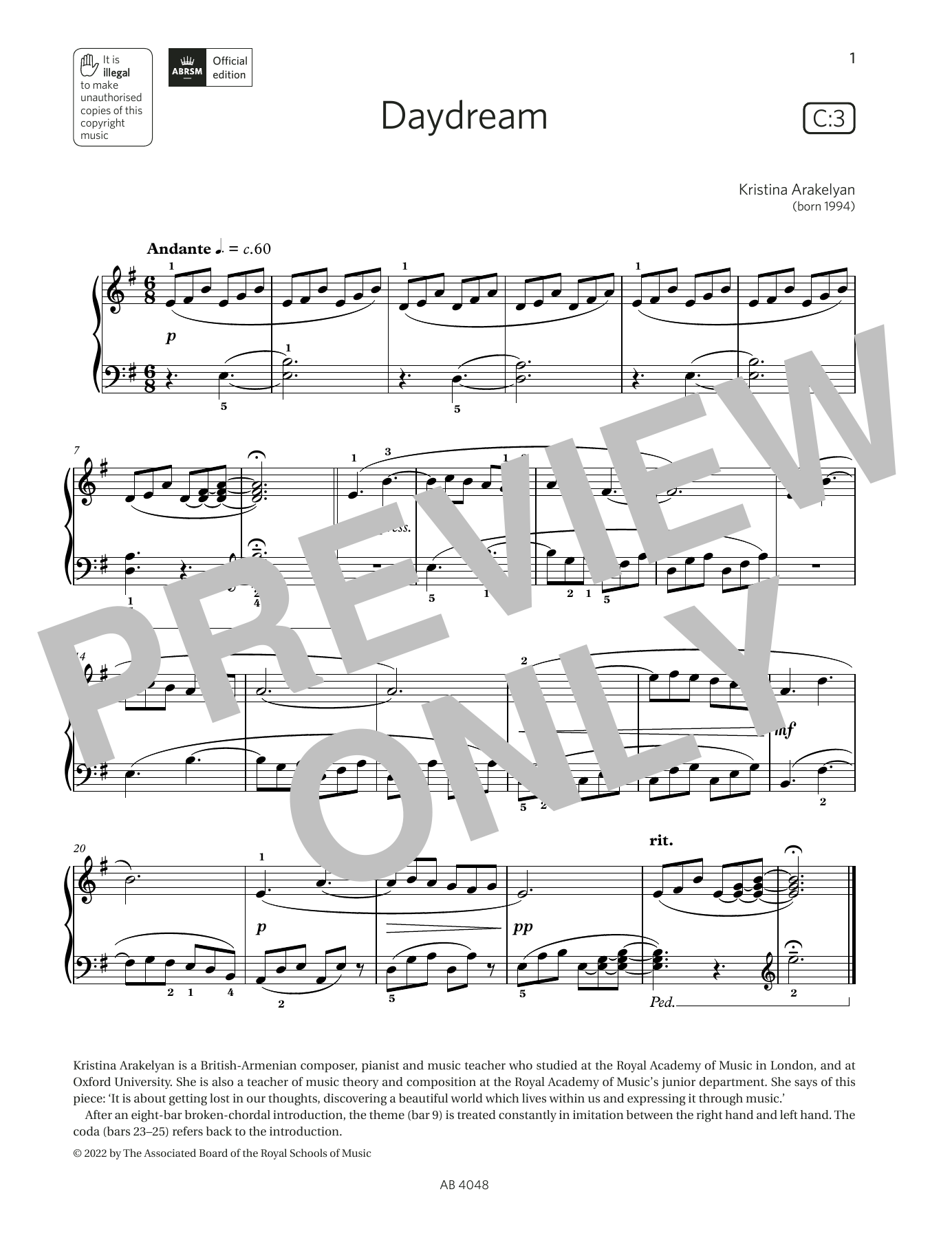 Kristina Arakelyan Daydream (Grade 2, list C3, from the ABRSM Piano Syllabus 2023 & 2024) sheet music notes and chords arranged for Piano Solo