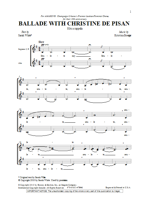 Kristina Boerger Ballade With Christine De Pisan sheet music notes and chords arranged for SSA Choir