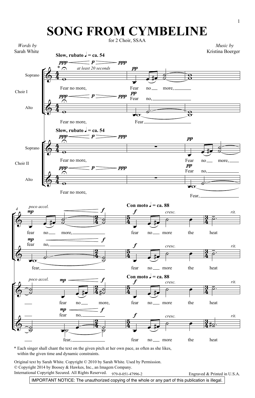 Kristina Boerger Song From Cymbeline sheet music notes and chords arranged for SSA Choir
