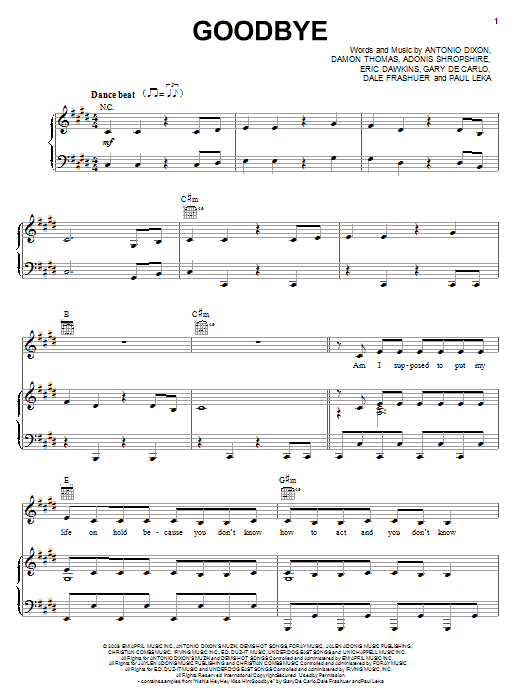 Kristinia Debarge Goodbye sheet music notes and chords arranged for Piano, Vocal & Guitar Chords (Right-Hand Melody)