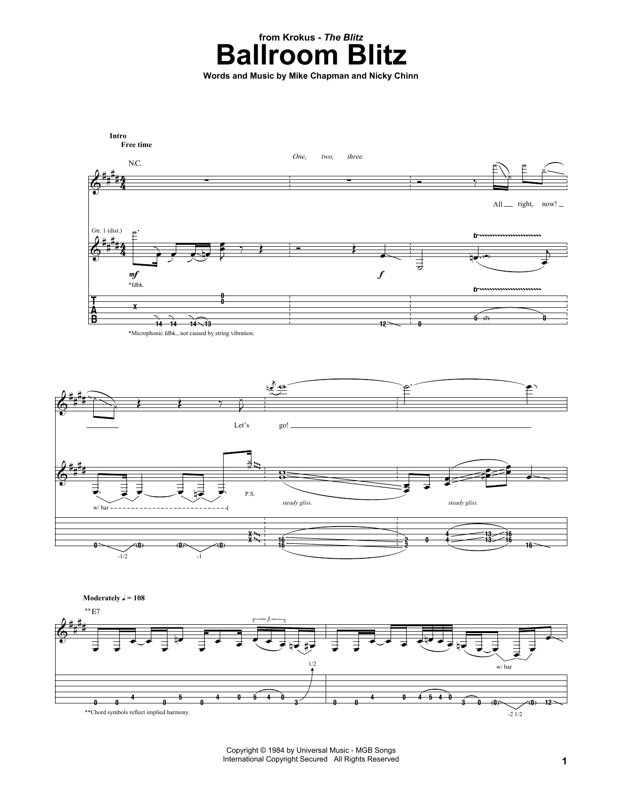 Krokus Ballroom Blitz sheet music notes and chords arranged for Guitar Tab