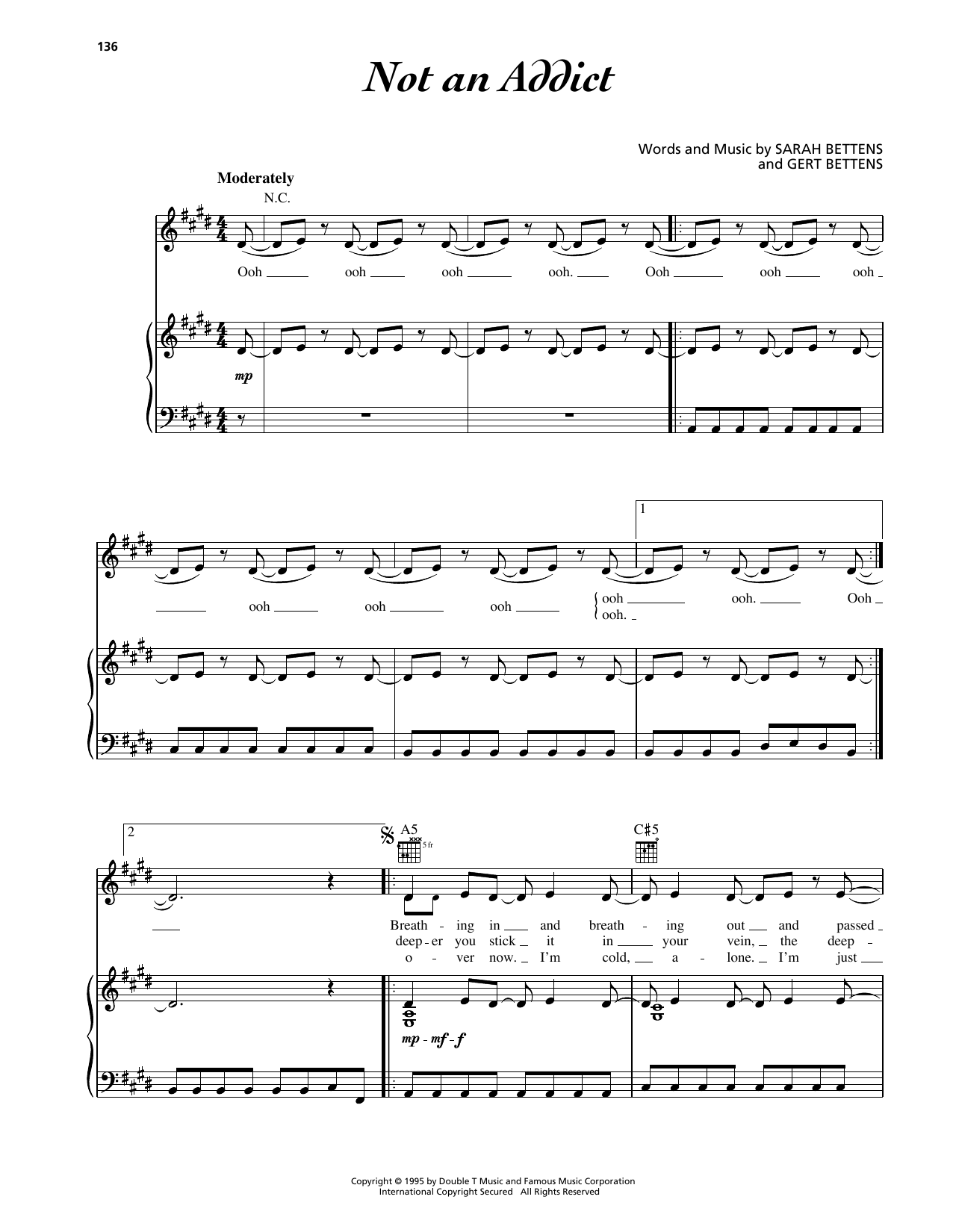 K'S Choice Not An Addict sheet music notes and chords arranged for Piano, Vocal & Guitar Chords (Right-Hand Melody)