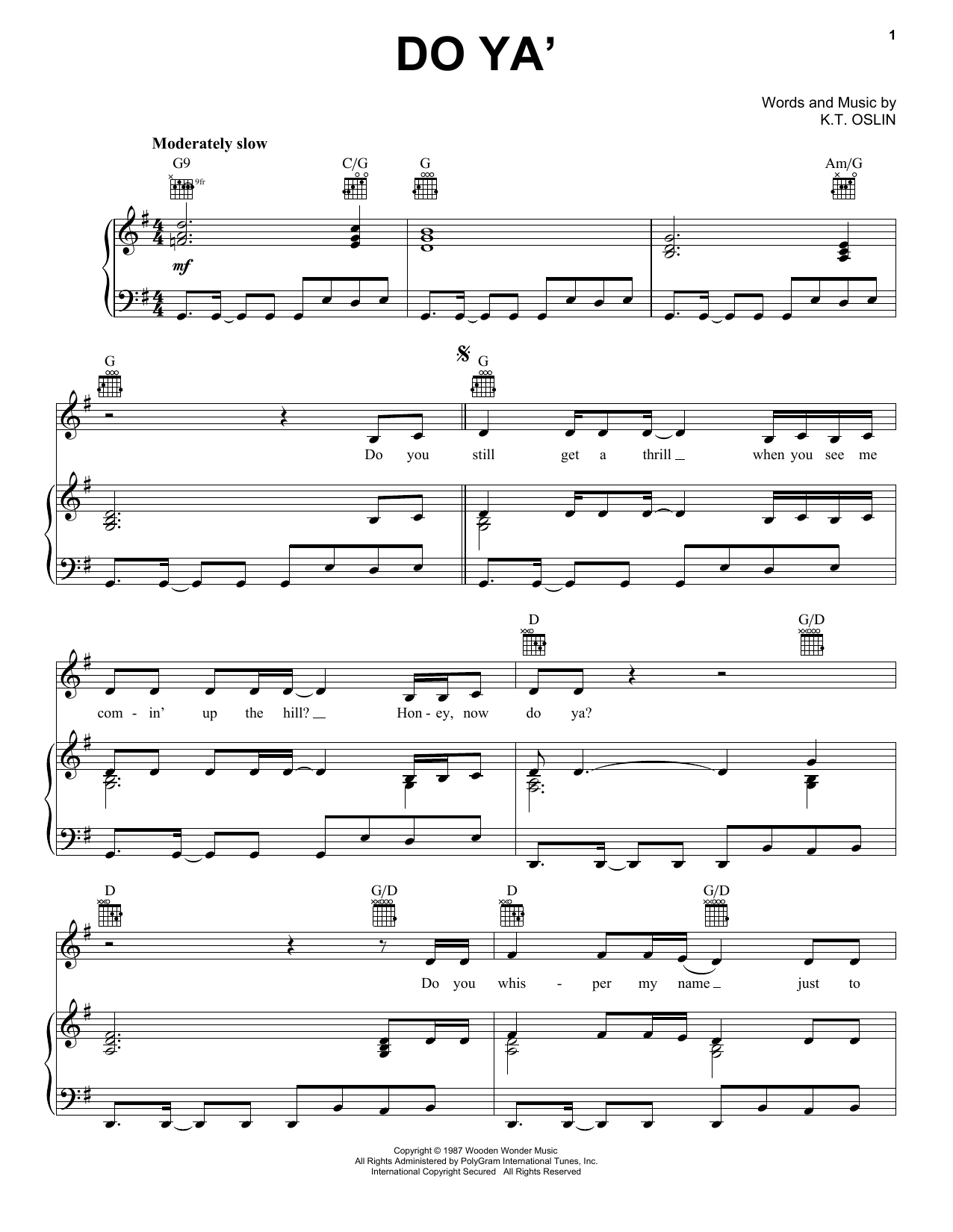 K.T. Oslin Do Ya' sheet music notes and chords arranged for Piano, Vocal & Guitar Chords (Right-Hand Melody)