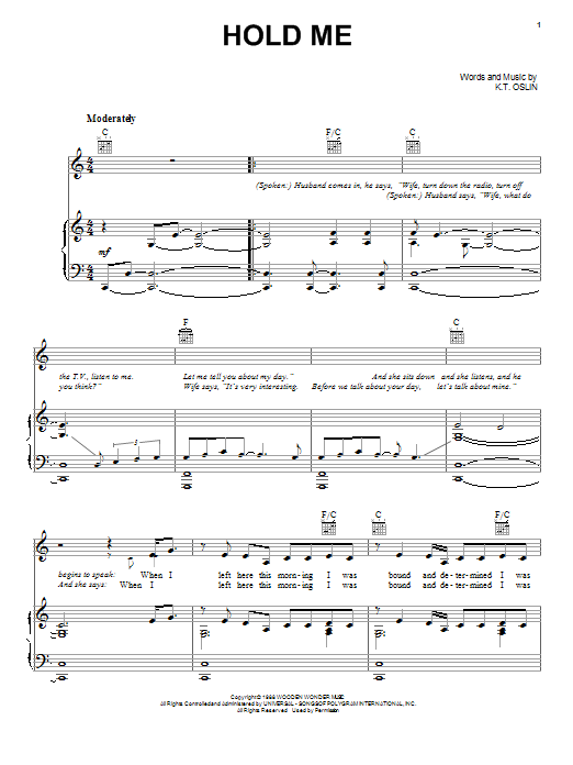 K.T. Oslin Hold Me sheet music notes and chords arranged for Piano, Vocal & Guitar Chords (Right-Hand Melody)