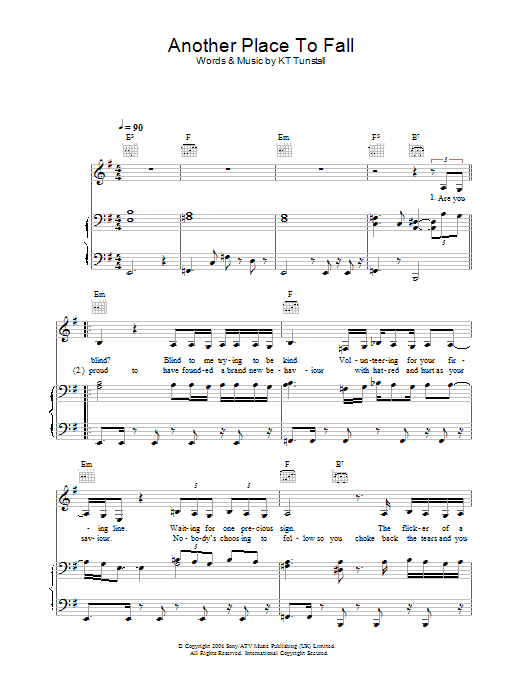 KT Tunstall Another Place To Fall sheet music notes and chords arranged for Piano, Vocal & Guitar Chords