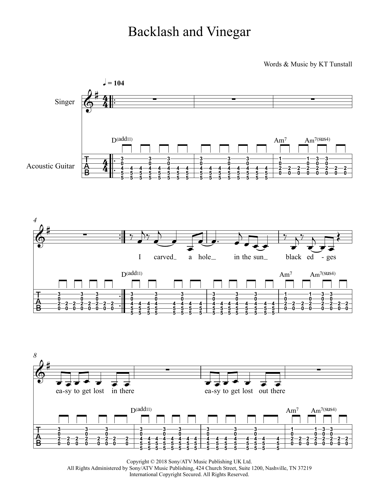 KT Tunstall Backlash & Vinegar sheet music notes and chords arranged for Solo Guitar
