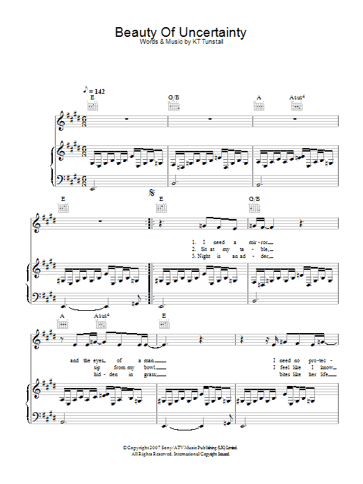 KT Tunstall Beauty Of Uncertainty sheet music notes and chords arranged for Piano, Vocal & Guitar Chords