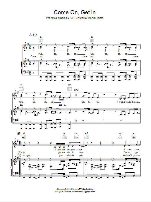 KT Tunstall Come On, Get In sheet music notes and chords arranged for Piano, Vocal & Guitar Chords