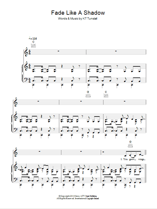 KT Tunstall Fade Like A Shadow sheet music notes and chords arranged for Piano, Vocal & Guitar Chords