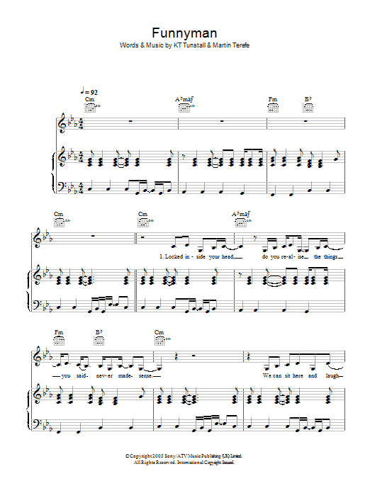 KT Tunstall Funnyman sheet music notes and chords arranged for Piano, Vocal & Guitar Chords
