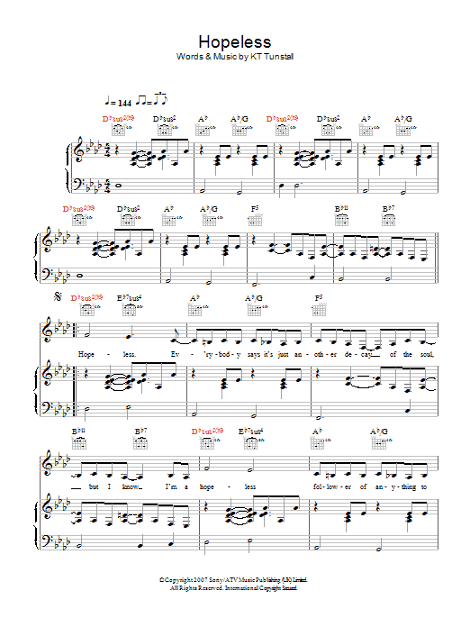 KT Tunstall Hopeless sheet music notes and chords arranged for Piano, Vocal & Guitar Chords