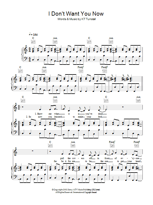 KT Tunstall I Don't Want You Now sheet music notes and chords arranged for Piano, Vocal & Guitar Chords