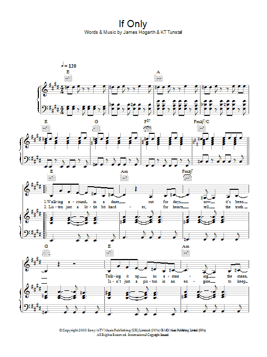 KT Tunstall If Only sheet music notes and chords arranged for Piano, Vocal & Guitar Chords