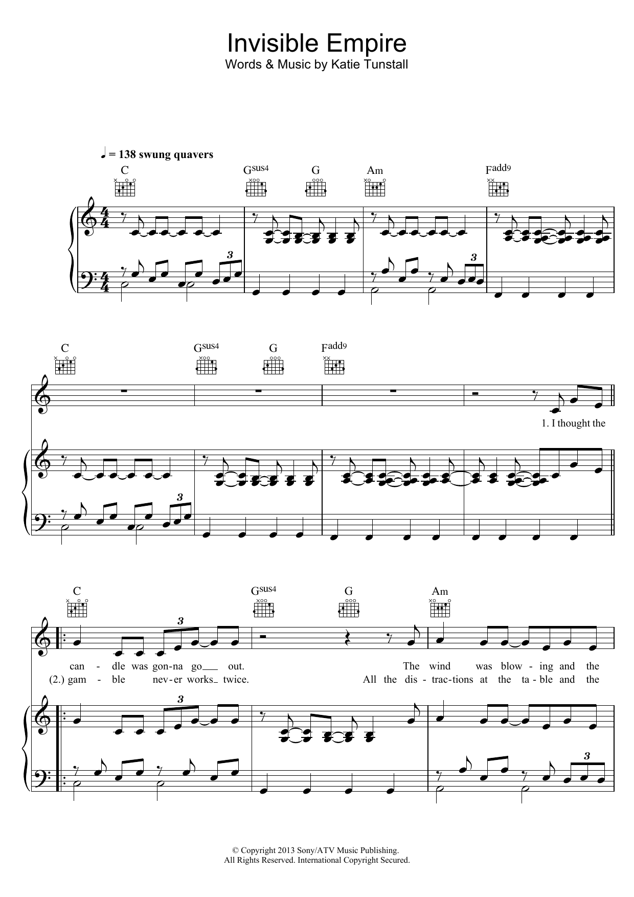 KT Tunstall Invisible Empire sheet music notes and chords arranged for Piano, Vocal & Guitar Chords