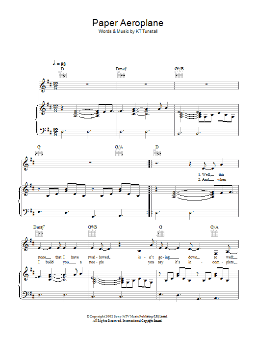 KT Tunstall Paper Aeroplane sheet music notes and chords arranged for Piano, Vocal & Guitar Chords