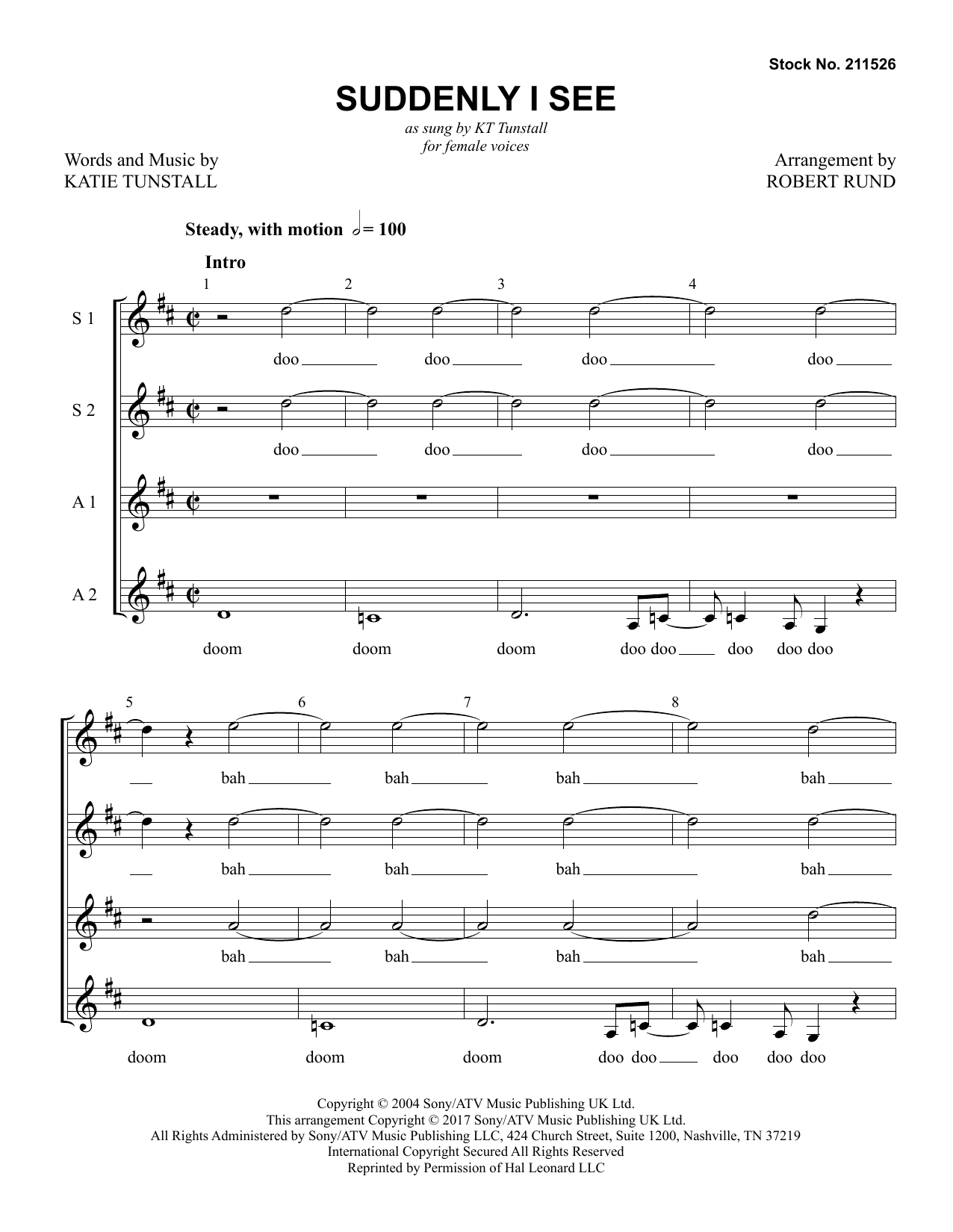 KT Tunstall Suddenly I See (arr. Robert Rund) sheet music notes and chords arranged for SSAA Choir