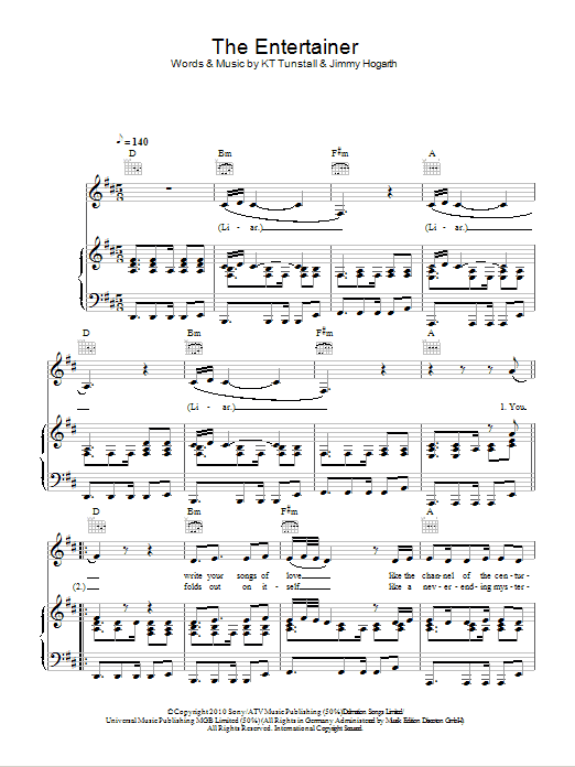 KT Tunstall The Entertainer sheet music notes and chords arranged for Piano, Vocal & Guitar Chords