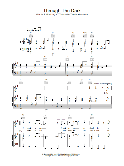 KT Tunstall Through The Dark sheet music notes and chords arranged for Piano, Vocal & Guitar Chords