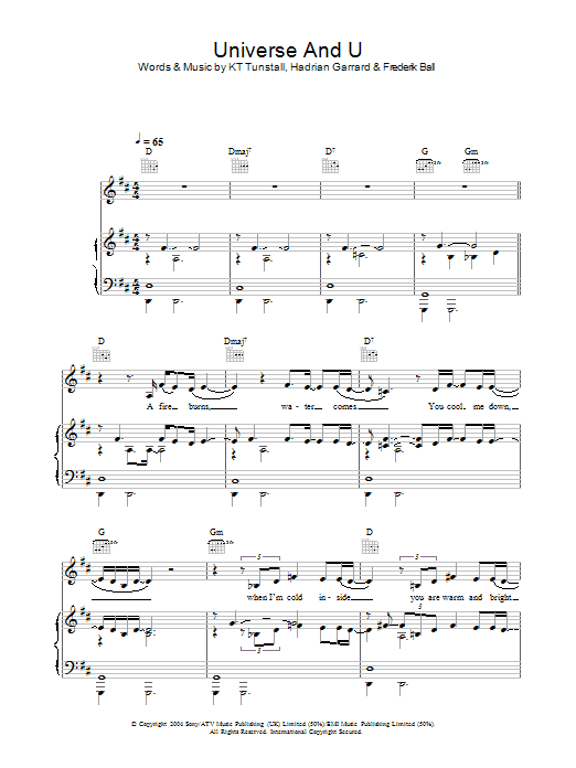 KT Tunstall Universe & U sheet music notes and chords arranged for Piano, Vocal & Guitar Chords