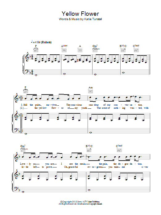 KT Tunstall Yellow Flower sheet music notes and chords arranged for Piano, Vocal & Guitar Chords