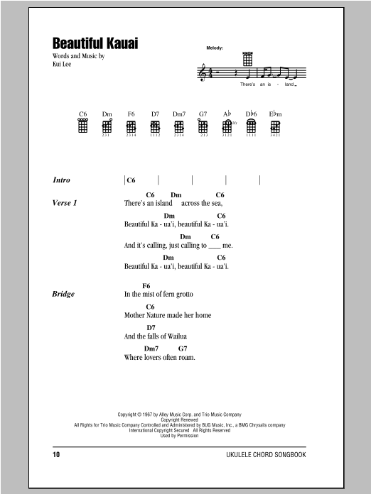 Kui Lee Beautiful Kauai sheet music notes and chords arranged for Ukulele Chords/Lyrics