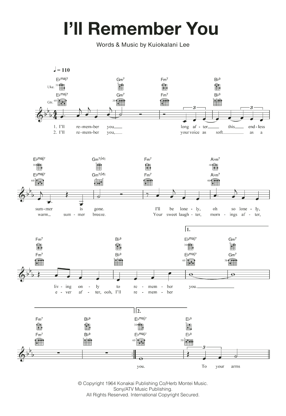 Kuiokalani Lee I'll Remember You sheet music notes and chords arranged for Ukulele