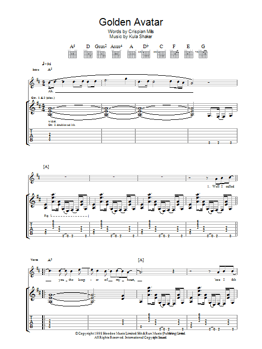 Kula Shaker Golden Avatar sheet music notes and chords arranged for Guitar Chords/Lyrics