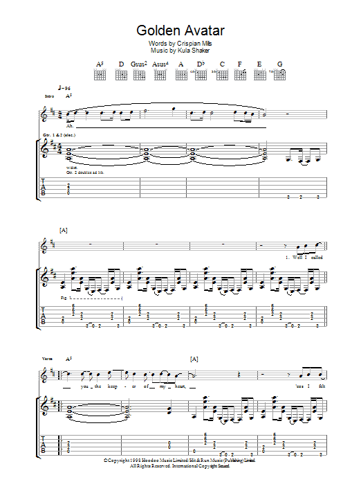 Kula Shaker Golden Avatar sheet music notes and chords arranged for Guitar Tab