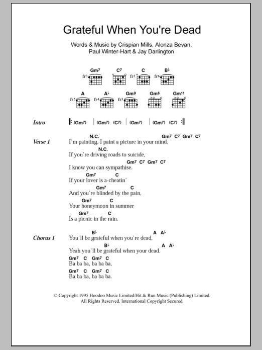 Kula Shaker Grateful When You're Dead/Jerry Was There sheet music notes and chords arranged for Guitar Chords/Lyrics