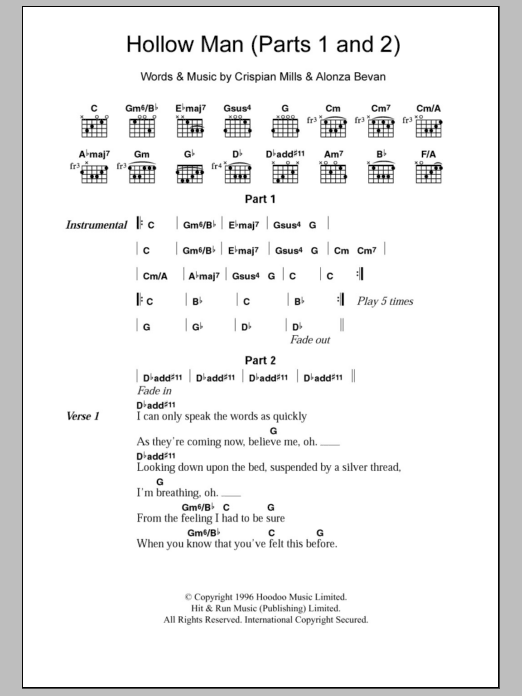 Kula Shaker Hollow Man (Parts 1 and 2) sheet music notes and chords arranged for Guitar Chords/Lyrics