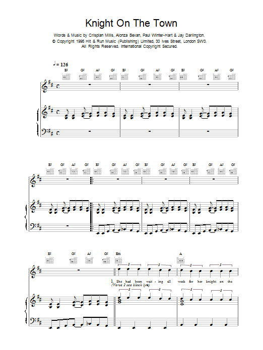 Kula Shaker Knight On The Town sheet music notes and chords arranged for Piano, Vocal & Guitar Chords