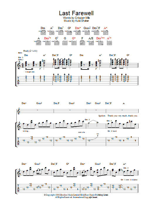 Kula Shaker Last Farewell sheet music notes and chords arranged for Guitar Tab