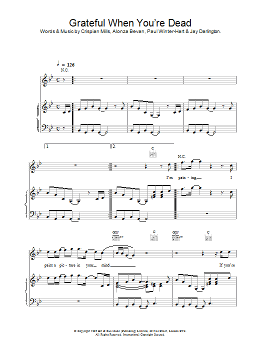 Kula Shaker Grateful When You're Dead sheet music notes and chords arranged for Piano, Vocal & Guitar Chords