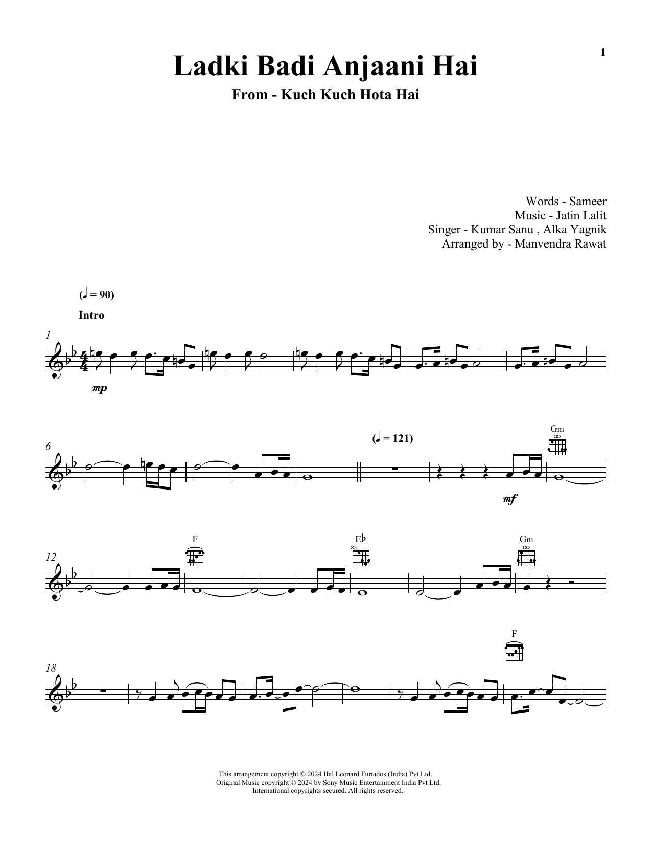 Kumar Sanu & Alka Yagnik Ladki Badi Anjaani Hai (from Kuch Kuch Hota Hai) sheet music notes and chords arranged for Lead Sheet / Fake Book