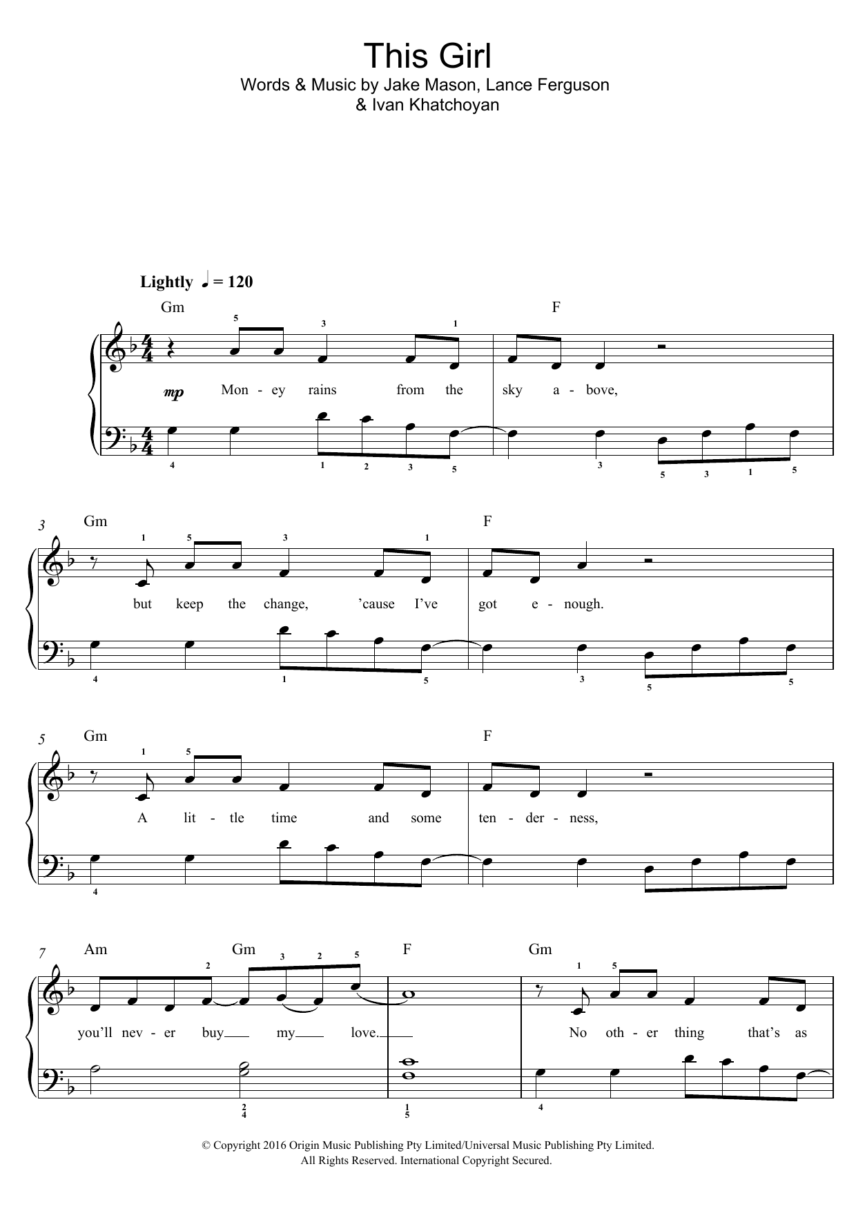 Kungs This Girl sheet music notes and chords arranged for Piano, Vocal & Guitar Chords