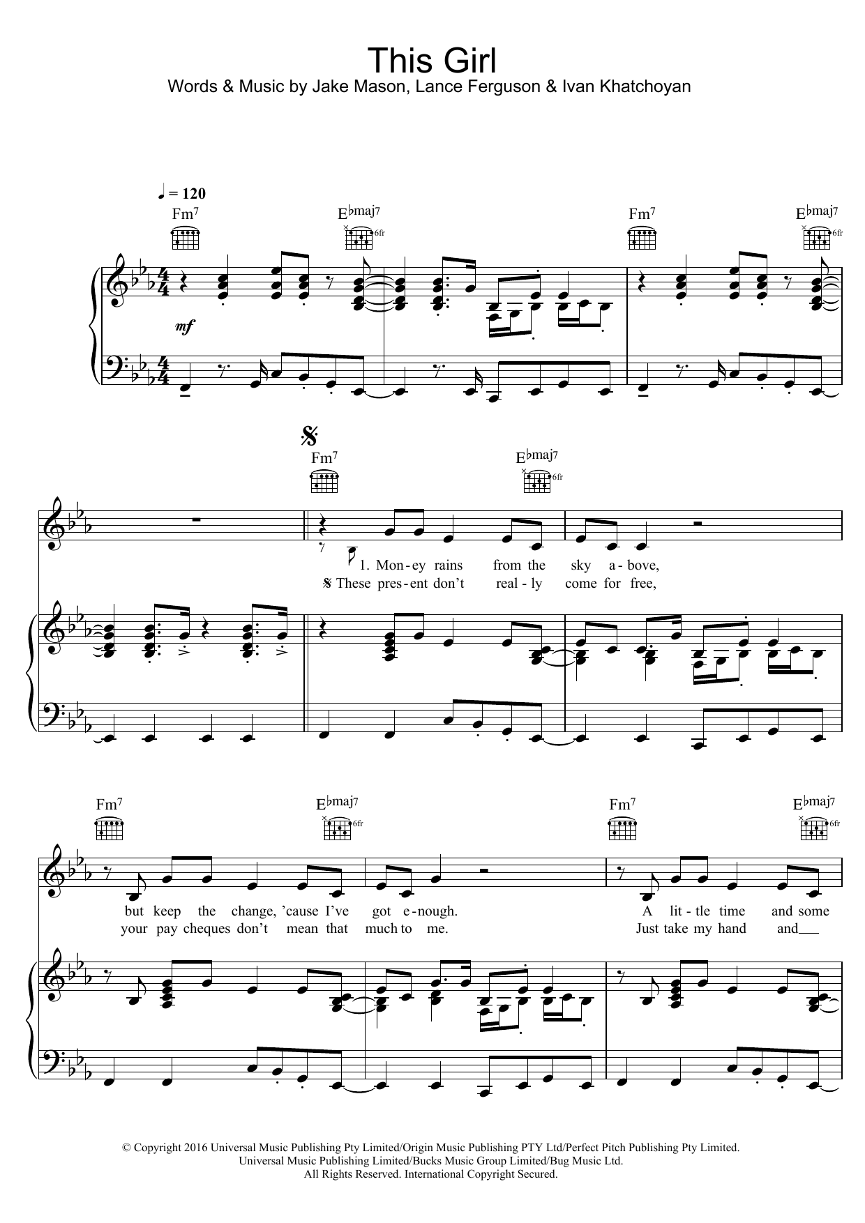 Kungs vs. Cookin' on 3 Burners This Girl sheet music notes and chords arranged for Piano, Vocal & Guitar Chords