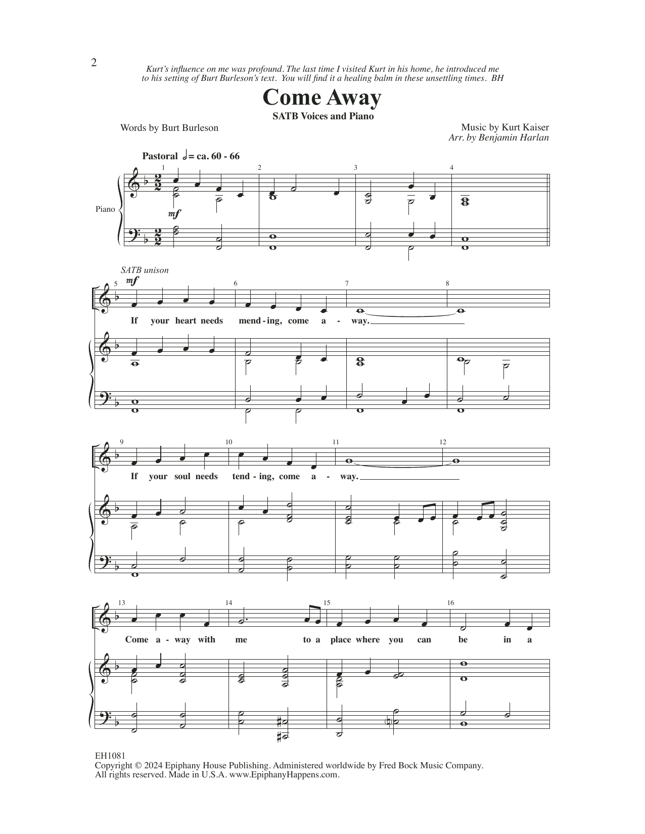 Kurt Kaiser Come Away (arr. Benjamin Harlan) sheet music notes and chords arranged for SATB Choir