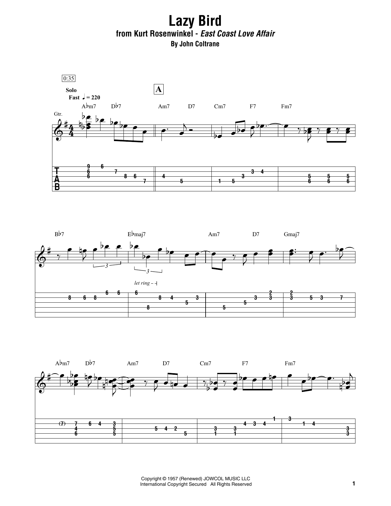 Kurt Rosenwinkel Lazy Bird sheet music notes and chords arranged for Electric Guitar Transcription