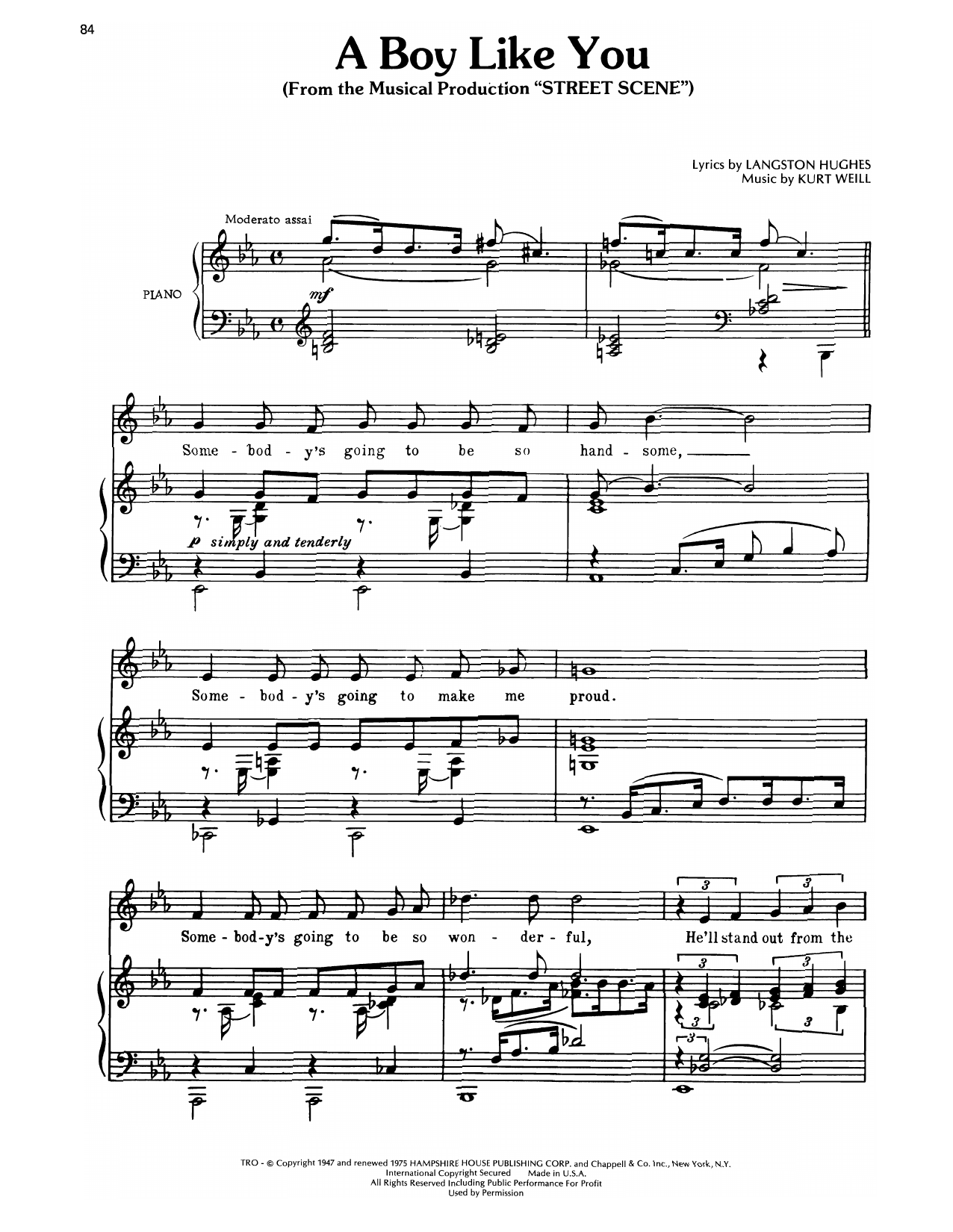 Kurt Weill A Boy Like You (from Street Scene) sheet music notes and chords arranged for Piano, Vocal & Guitar Chords (Right-Hand Melody)