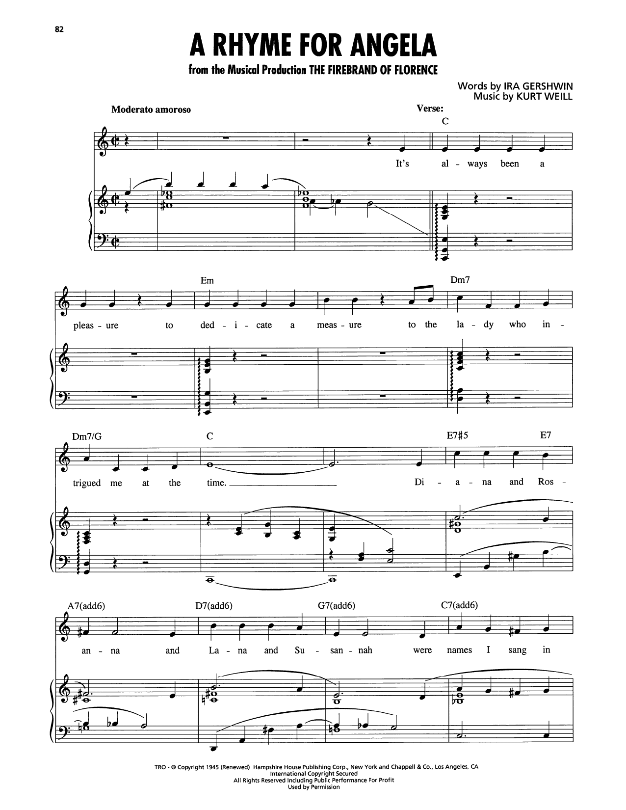 Kurt Weill A Rhyme For Angela (from The Firebrand of Florence) sheet music notes and chords arranged for Piano, Vocal & Guitar Chords (Right-Hand Melody)