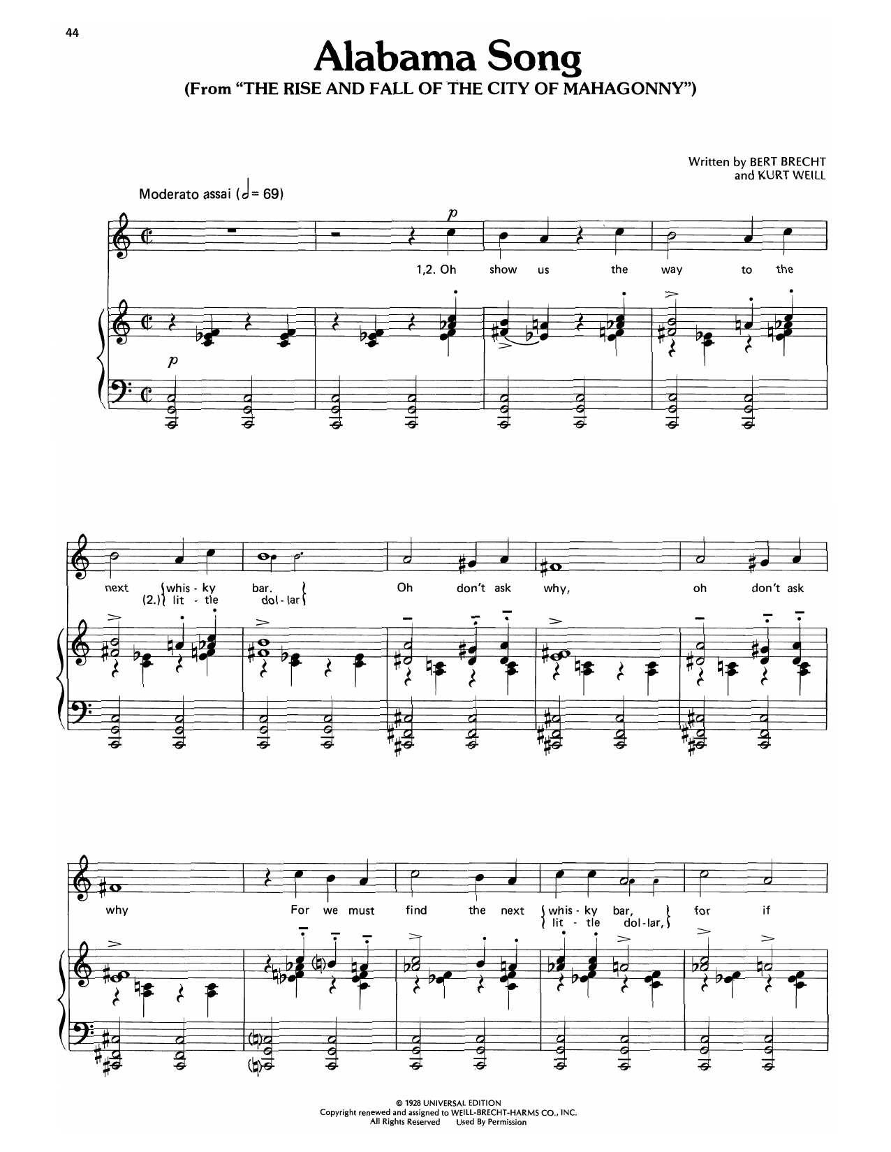 Kurt Weill Alabama Song sheet music notes and chords arranged for Piano, Vocal & Guitar Chords (Right-Hand Melody)